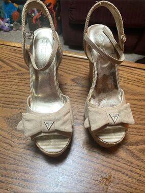 GUESS Beige Bow Espadrille Wedge Sandals with Ankle Strap 6.5